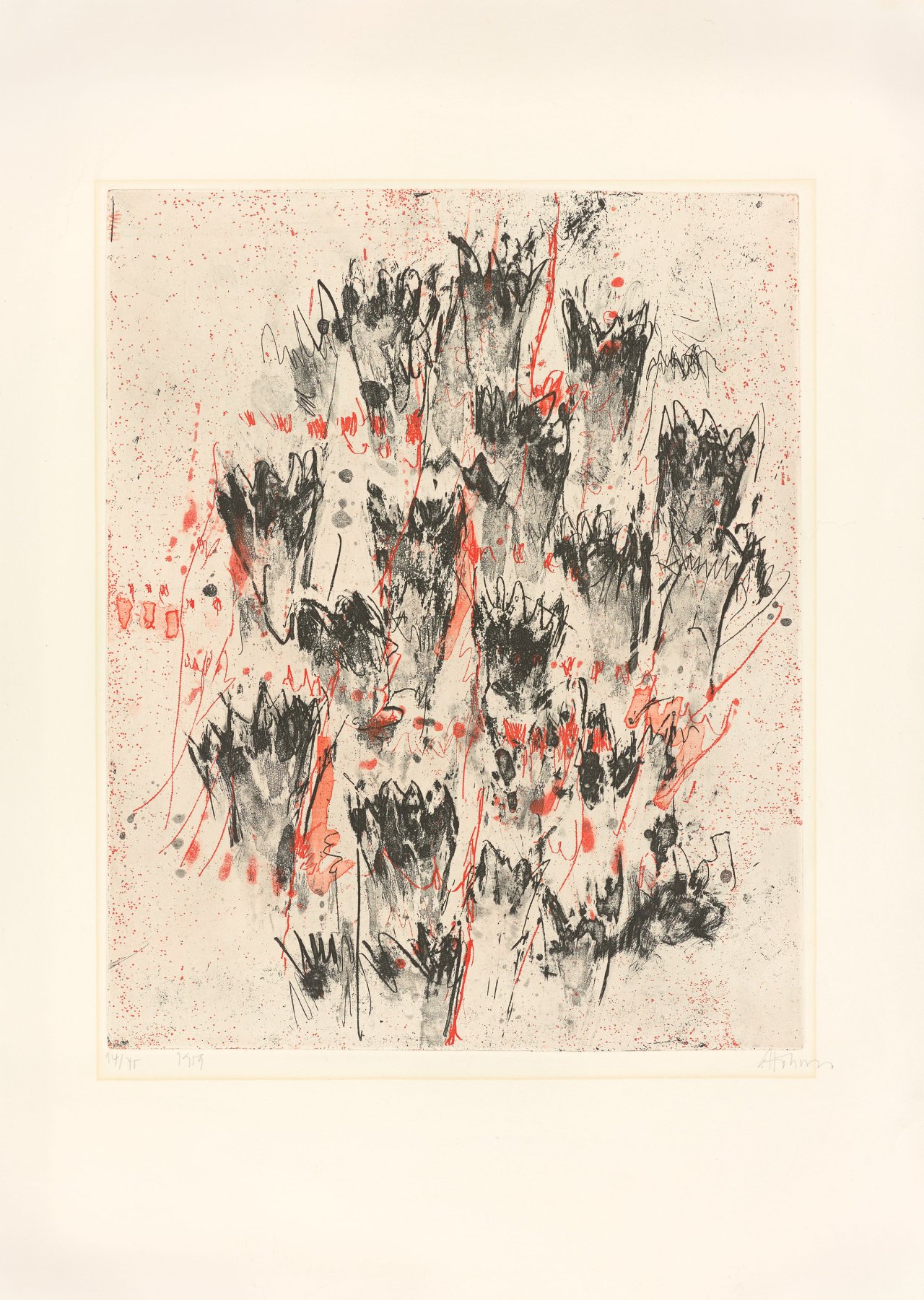 Auf diesem Bild ist das folgende Kunstwerk zu sehen: Gerhard Hoehme. „Zwischen Schwarz und Rot“. 1959.