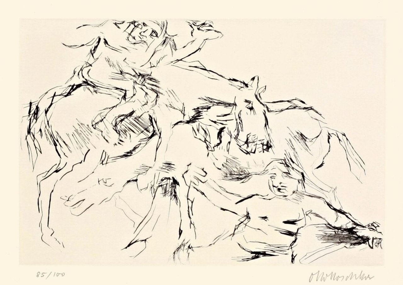 Auf diesem Bild ist das folgende Kunstwerk zu sehen: Oskar Kokoschka. „Penthesileas Sturz bei der Verfolgung Achills“ / „Europa“. 1969/1975.