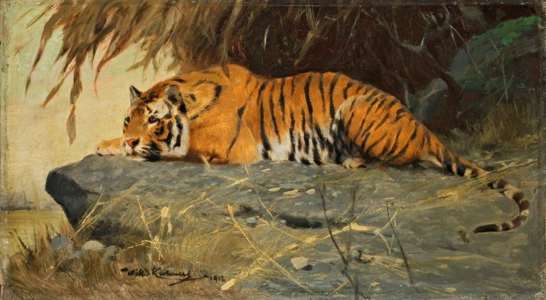 Auf diesem Bild ist das folgende Kunstwerk zu sehen: Wilhelm Kuhnert. „Auf Felsplateau liegender Tiger“. 1912.