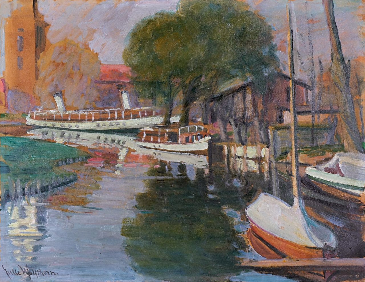 Auf diesem Bild ist das folgende Kunstwerk zu sehen: Julie Wolfthorn. „Werft in Potsdam“ (mit Blick auf die Heiliggeistkirche).