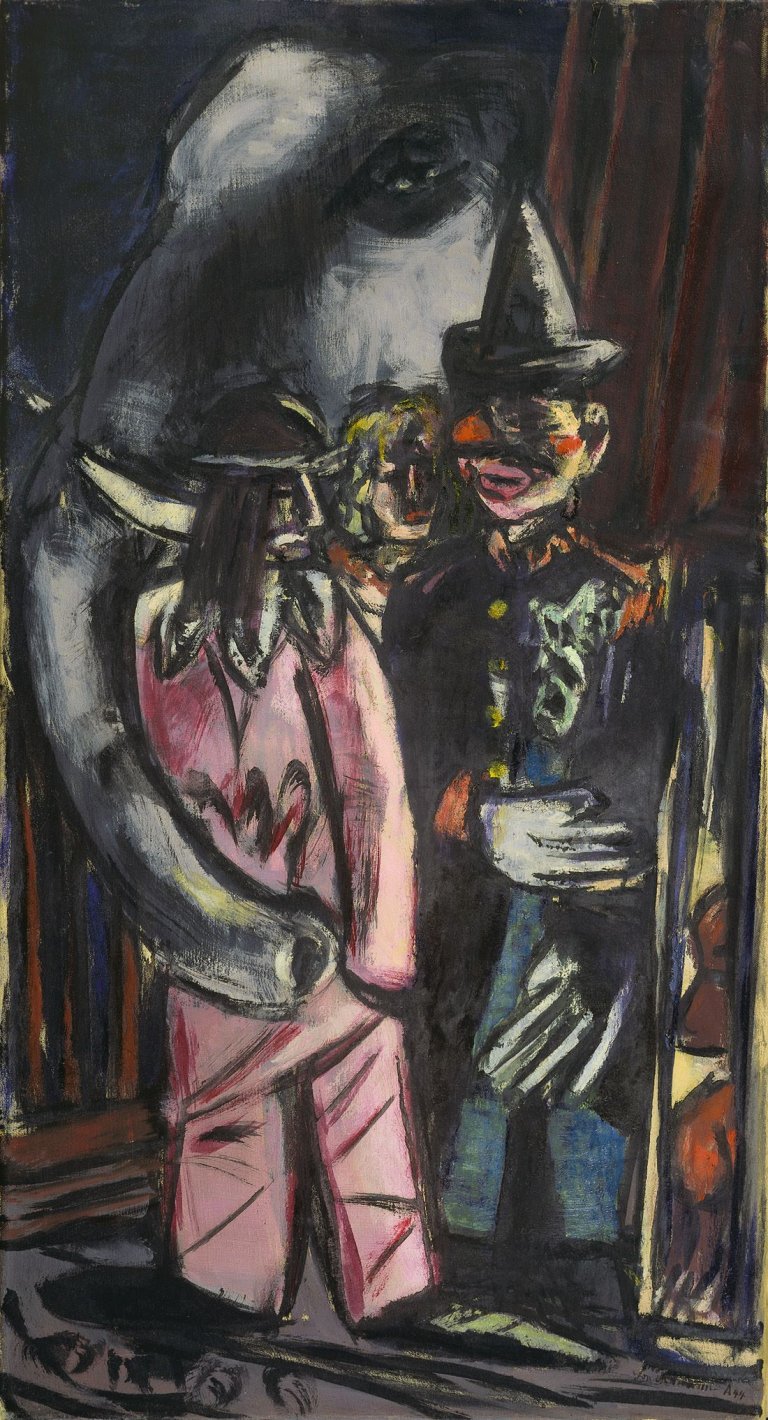 Auf diesem Bild ist das folgende Kunstwerk zu sehen: Max Beckmann. „Elefant und Clown im Stall“. 1944.