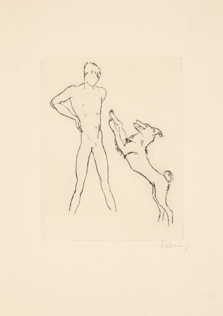 Auf diesem Bild ist das folgende Kunstwerk zu sehen: Renée Sintenis. Jüngling mit Hund / Jüngling / Drei Jünglinge.