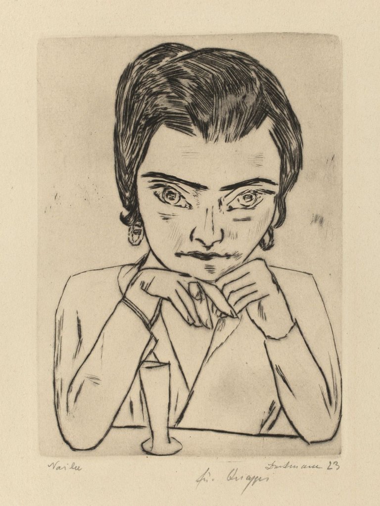 Auf diesem Bild ist das folgende Kunstwerk zu sehen: Max Beckmann. „Bildnis Naila mit aufgestützten Armen und Glas“ („Naila“). 1923.