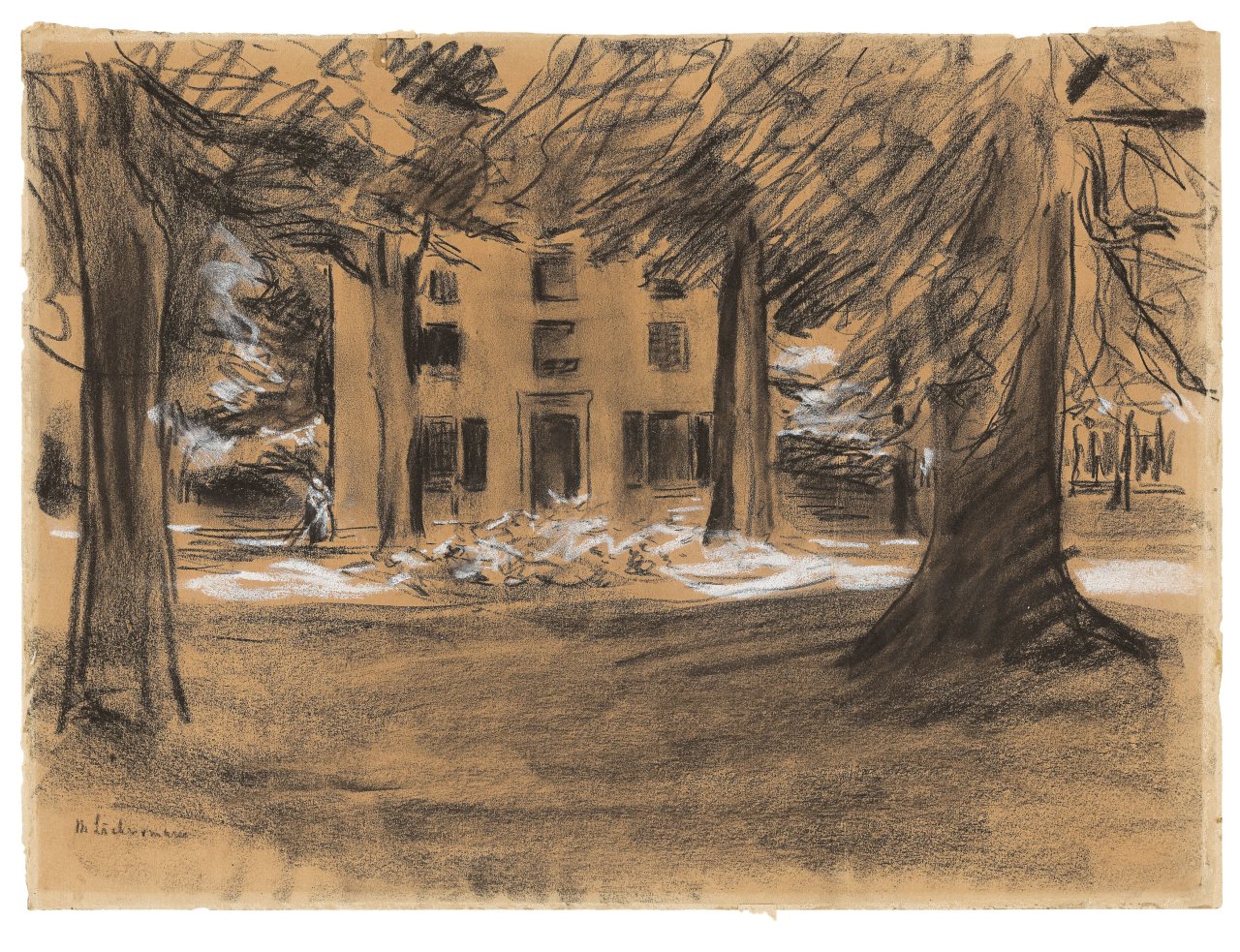 Auf diesem Bild ist das folgende Kunstwerk zu sehen: Max Liebermann. „Haus hinter Bäumen – Die Villa Oud-Bussem in Huizen“. 1901.