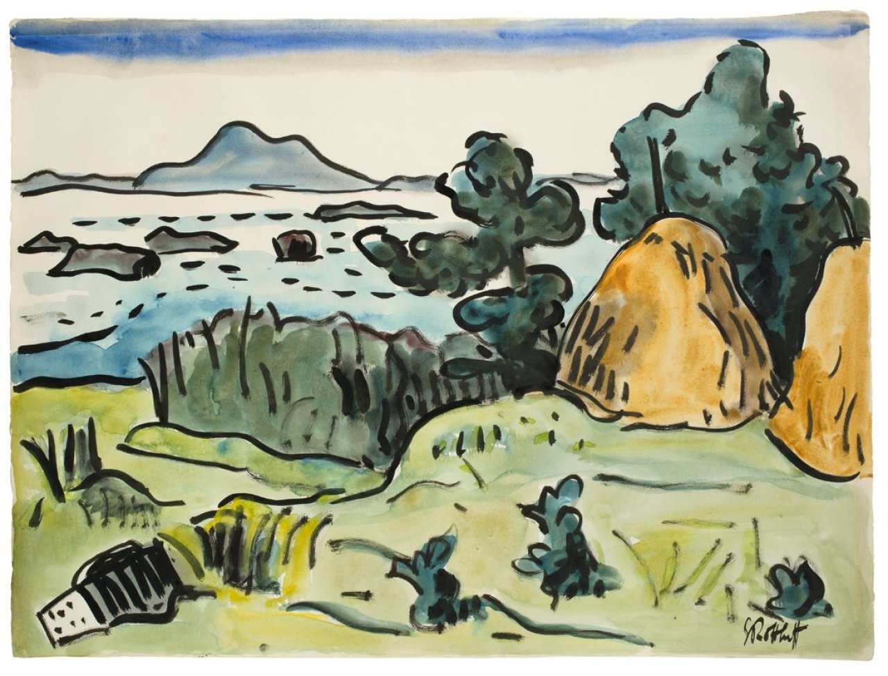 Auf diesem Bild ist das folgende Kunstwerk zu sehen: Karl Schmidt-Rottluff. Lebasee mit Lontzkedüne. Um 1933-35.