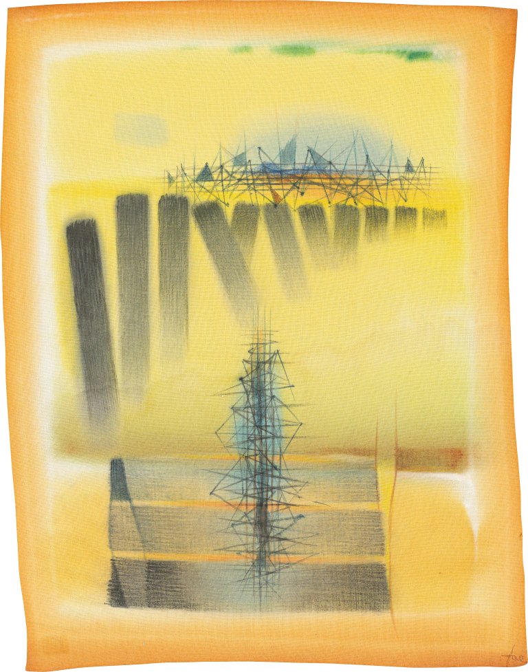 Auf diesem Bild ist das folgende Kunstwerk zu sehen: Hans Jaenisch. Hafenszene. Um 1975.
