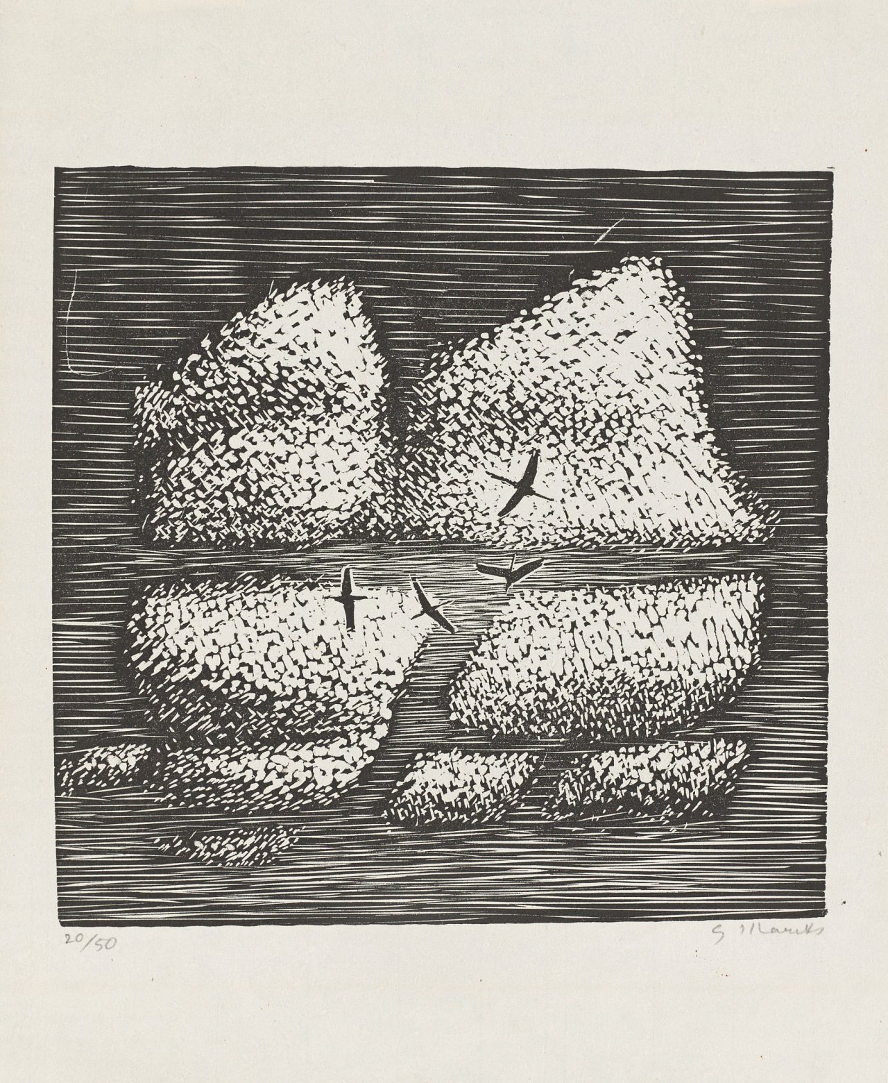 Auf diesem Bild ist das folgende Kunstwerk zu sehen: Gerhard Marcks. „Kraniche vor Wolken“ / „Krähenschwarm über Feldern“. 1958-60 / 1966/67.