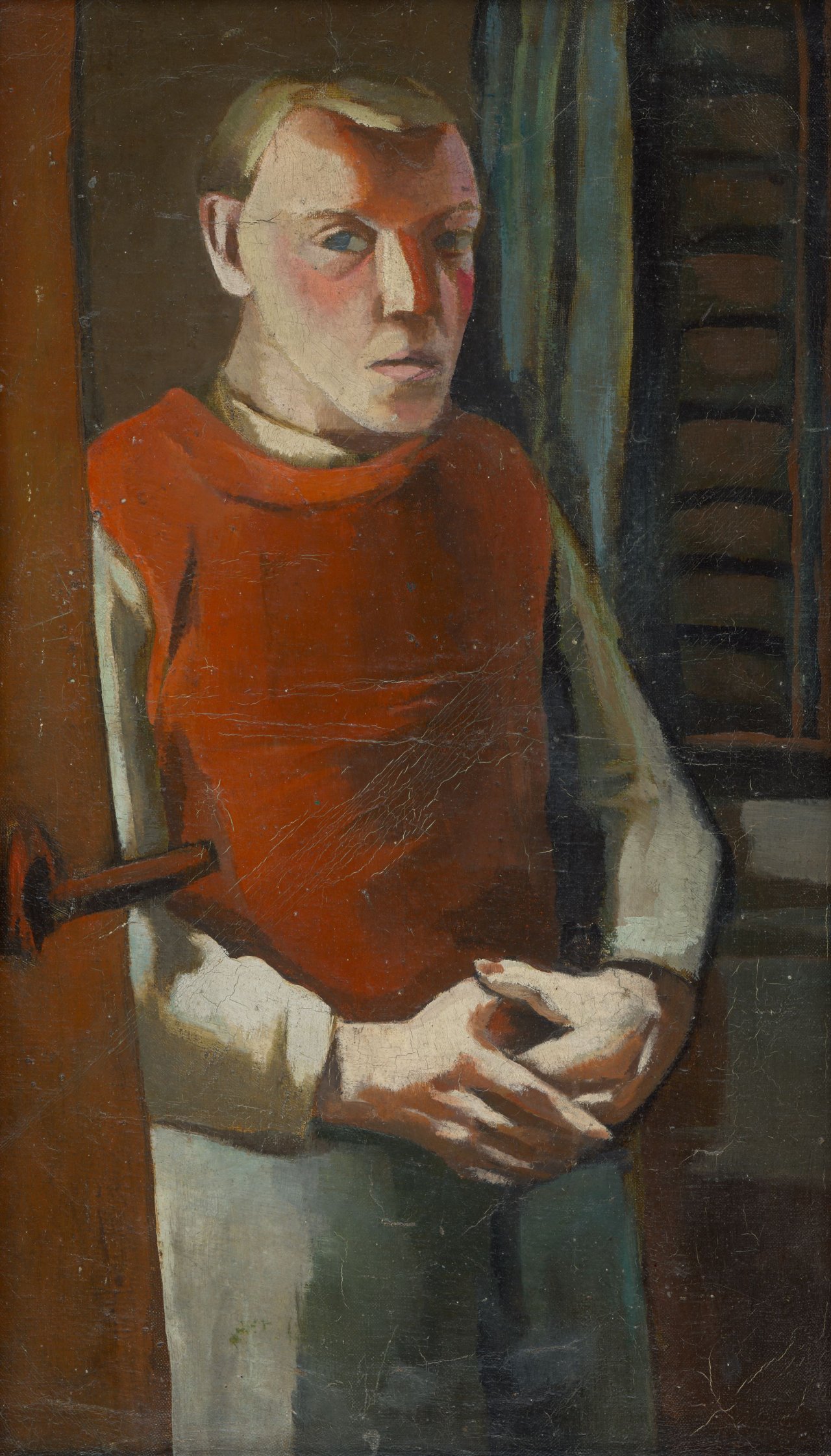 Auf diesem Bild ist das folgende Kunstwerk zu sehen: Karl Tratt. Junger Mann in der Tür. Um 1932.