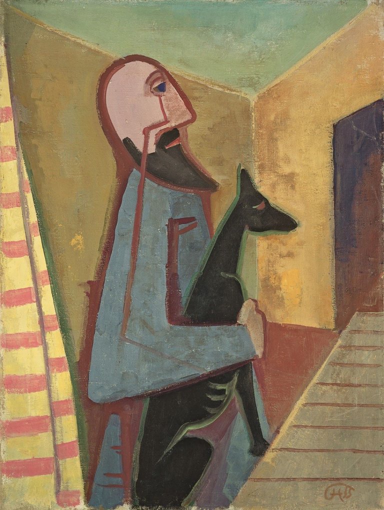 Auf diesem Bild ist das folgende Kunstwerk zu sehen: Karl Hofer. „Mann mit Hund (Bärtiger Mann mit Schäferhund)“. 1955.