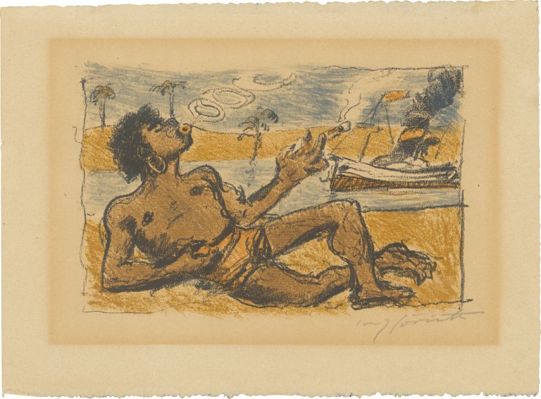This picture shows the following artwork: Lovis Corinth. "Mann, Cigarre rauchend vor Flusslandschaft”. 1924.