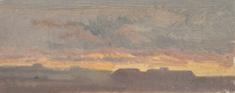 Auf diesem Bild ist das folgende Kunstwerk zu sehen: Thomas Fearnley. Der Abendhimmel bei Dresden, im Hintergrund der Lilienstein und der Königstein. Um 1828/30.