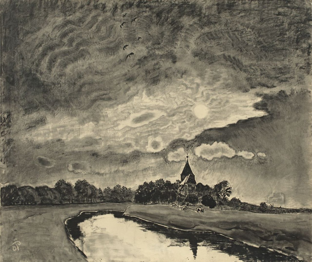 Auf diesem Bild ist das folgende Kunstwerk zu sehen: Otto Pankok. Sonne, Kirche, Fluß. 1940.