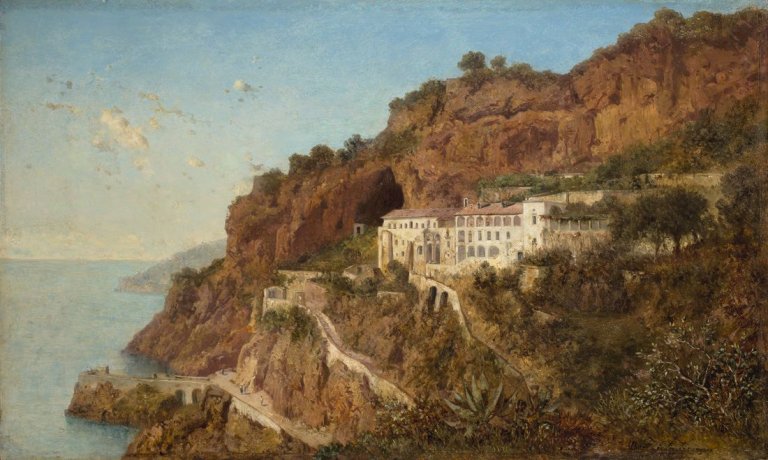 Auf diesem Bild ist das folgende Kunstwerk zu sehen: Albert Zimmermann. Das Kapuzinerkloster in Amalfi. (Nach) 1857.