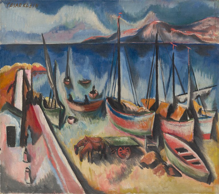 Auf diesem Bild ist das folgende Kunstwerk zu sehen: César Klein. Fischerboote im Hafen. Um 1920.