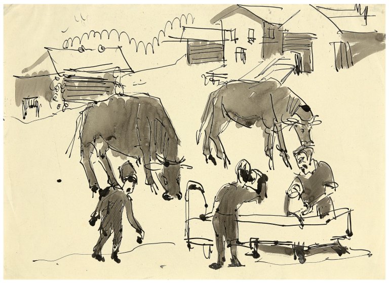 Auf diesem Bild ist das folgende Kunstwerk zu sehen: Ernst Ludwig Kirchner. Bauernszene mit Kühen (In den Lärchen, Frauenkirch). Um 1920.