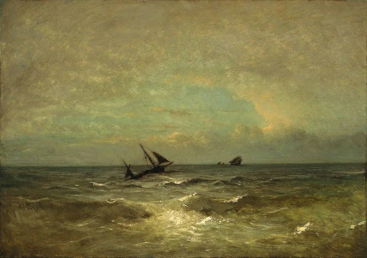 Auf diesem Bild ist das folgende Kunstwerk zu sehen: Jules Dupré. Fischkutter auf See. Nach 1870.