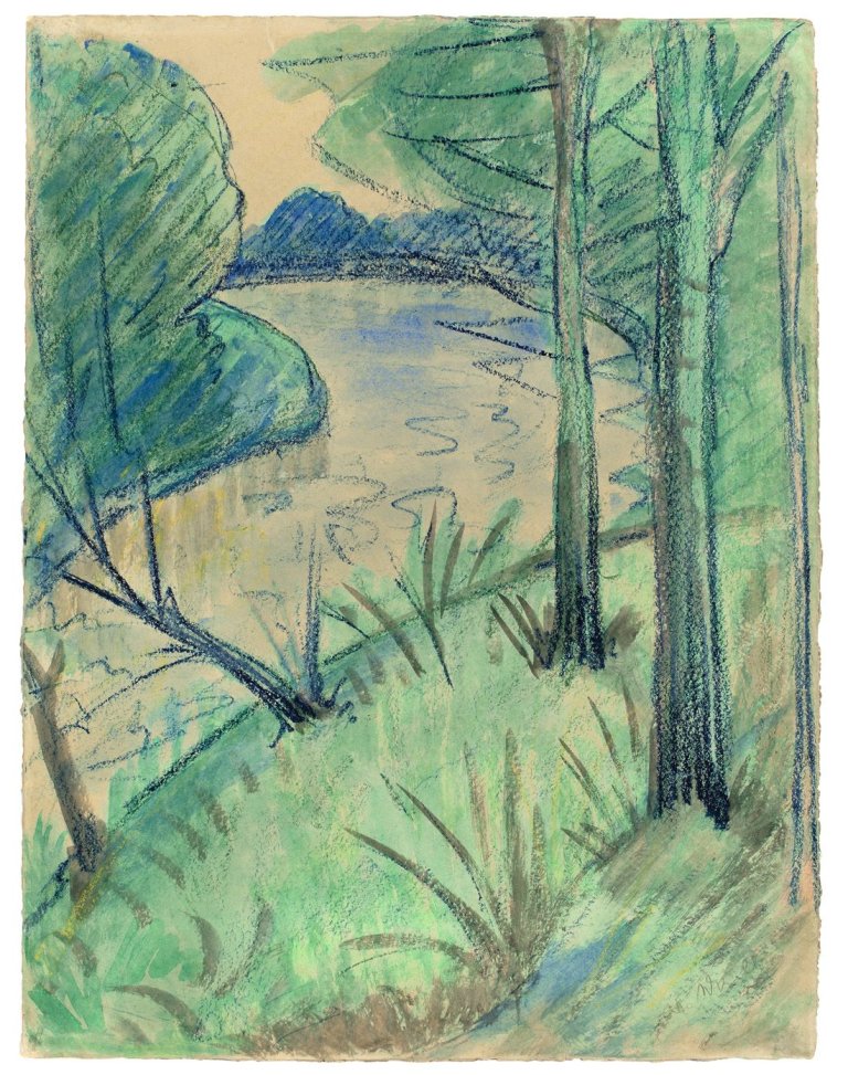 Auf diesem Bild ist das folgende Kunstwerk zu sehen: Otto Mueller. „Flußlandschaft / Waldteich mit Bäumen“. Um 1915.