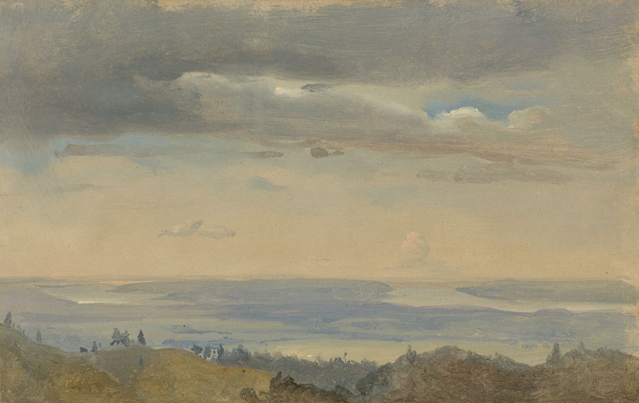 Auf diesem Bild ist das folgende Kunstwerk zu sehen: Johan Christian Clausen Dahl. Wolkenstudie mit Flusslandschaft („Cloud Study with River Landscape“).