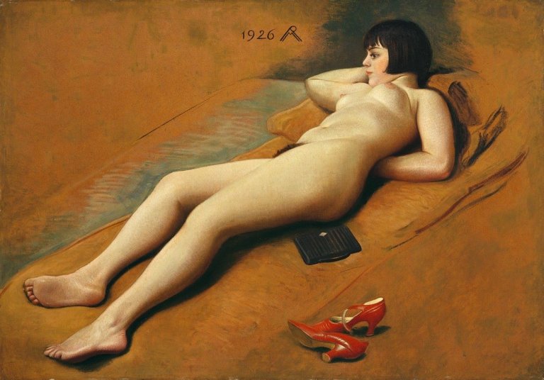 Auf diesem Bild ist das folgende Kunstwerk zu sehen: Richard Müller. „Liegender Frauenakt mit roten Schuhen“. 1926.