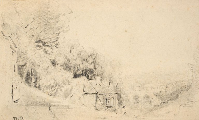 Auf diesem Bild ist das folgende Kunstwerk zu sehen: Théodore Rousseau. Häuser in hügeliger Landschaft.