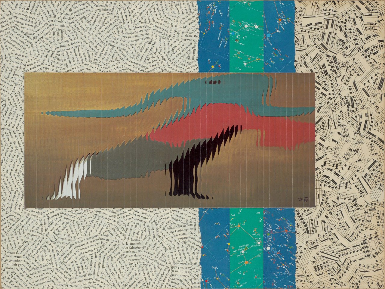 This picture shows the following artwork: Jiří Kolář. ”Dopis do nebe panu miróovi” (letter to Mr Miró in heaven). 1983.