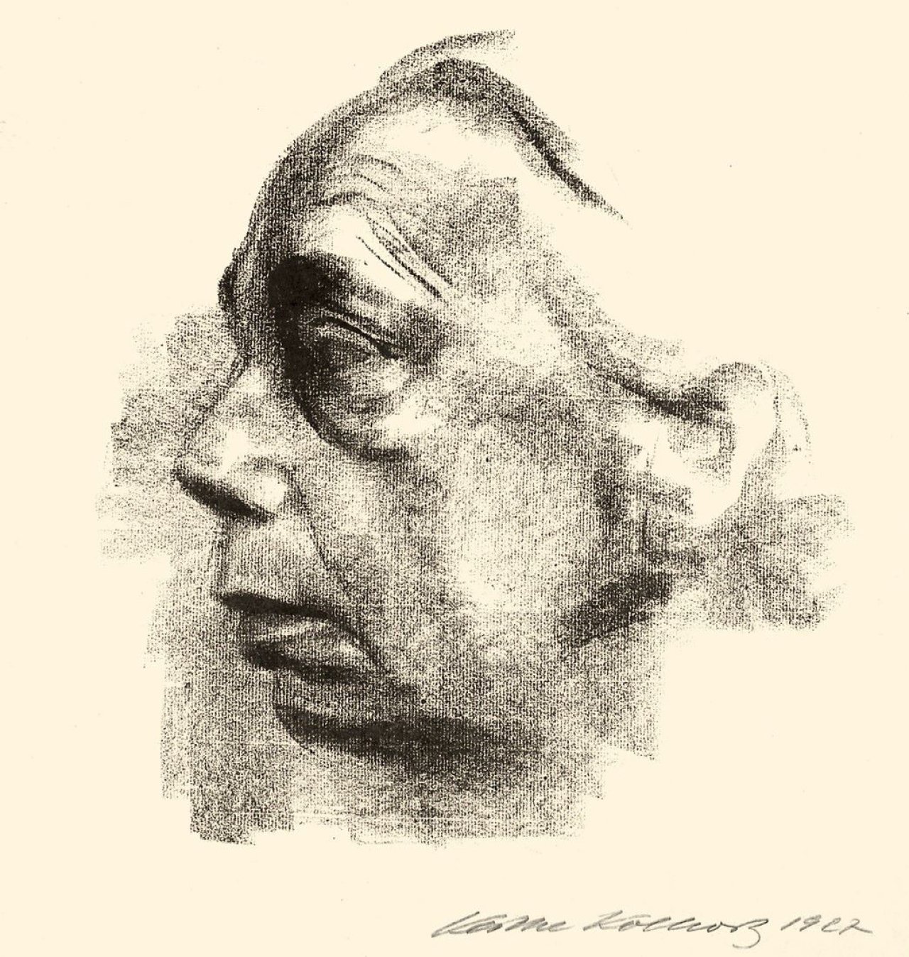Auf diesem Bild ist das folgende Kunstwerk zu sehen: Käthe Kollwitz. „Selbstbildnis im Profil“. 1927.