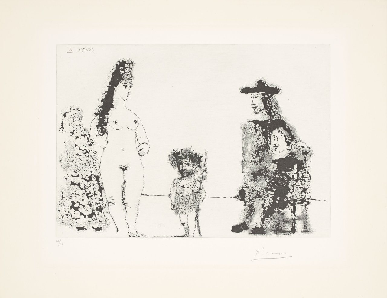 Auf diesem Bild ist das folgende Kunstwerk zu sehen: Pablo Picasso. „La Célestine présente sa pupille; avec un enfant au rameau d´olivier“. 1968.