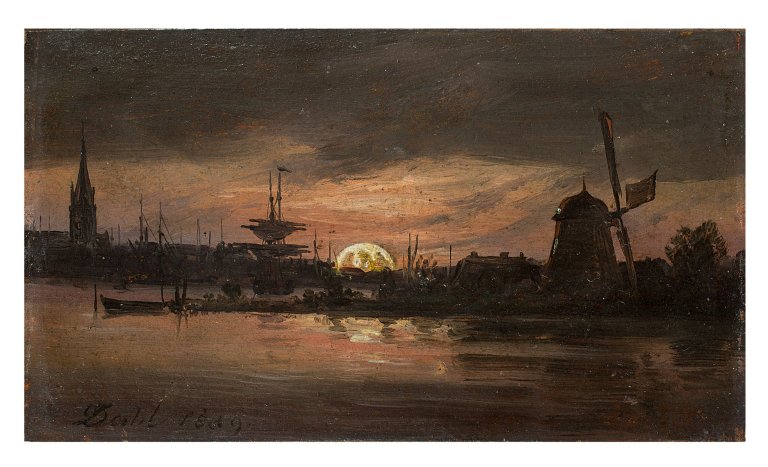 Auf diesem Bild ist das folgende Kunstwerk zu sehen: Johan Christian Clausen Dahl. „Die Oder nahe Swinemünde im Mondlicht“ („The Oder near Swinemünde in Moonlight“). 1839.