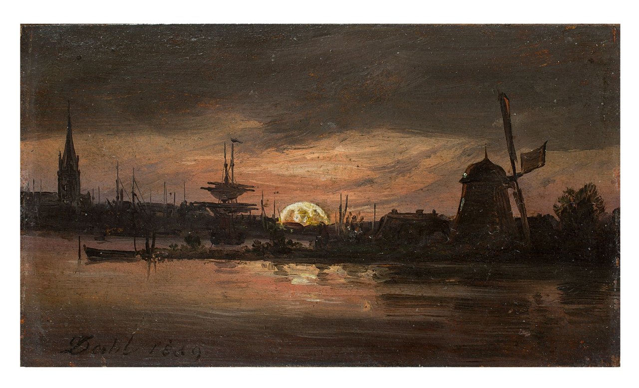 Auf diesem Bild ist das folgende Kunstwerk zu sehen: Johan Christian Clausen Dahl. „Die Oder nahe Swinemünde im Mondlicht“ („The Oder near Swinemünde in Moonlight“). 1839.