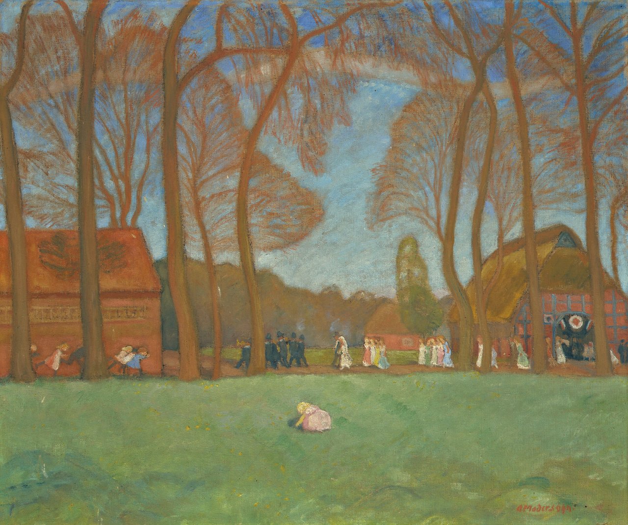 Auf diesem Bild ist das folgende Kunstwerk zu sehen: Otto Modersohn. „Hochzeitszug in Fischerhude (III)“. Um 1920/21.