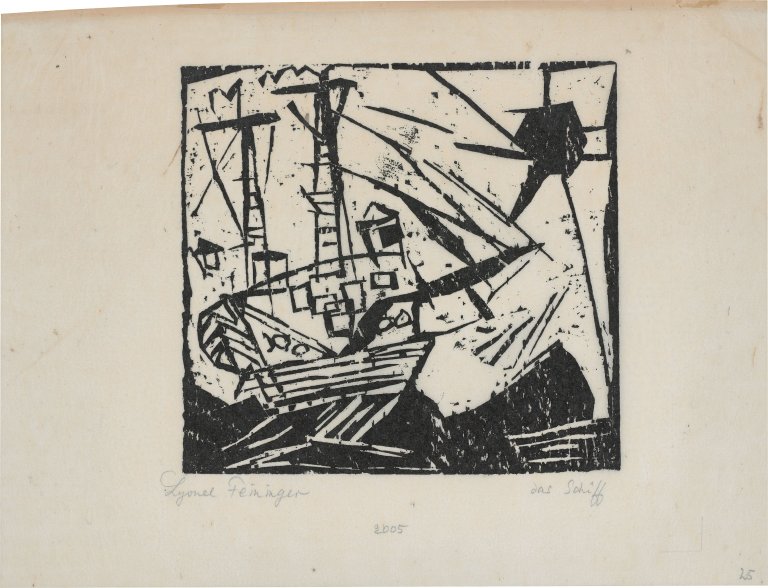Auf diesem Bild ist das folgende Kunstwerk zu sehen: Lyonel Feininger. „Das Schiff (mit Sonne)“. 1920.