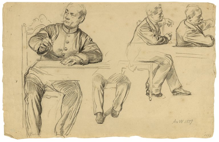Auf diesem Bild ist das folgende Kunstwerk zu sehen: Anton von Werner. Figurenstudien (2 Studienblätter). Um 1870/80 bzw. 1879.