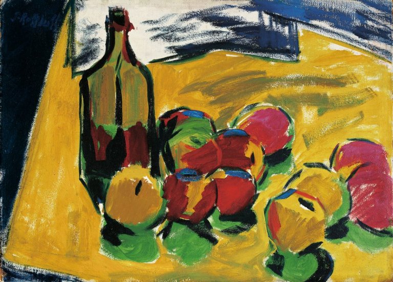Auf diesem Bild ist das folgende Kunstwerk zu sehen: Karl Schmidt-Rottluff. Stilleben mit Äpfeln und Flasche. Um 1909/1910.