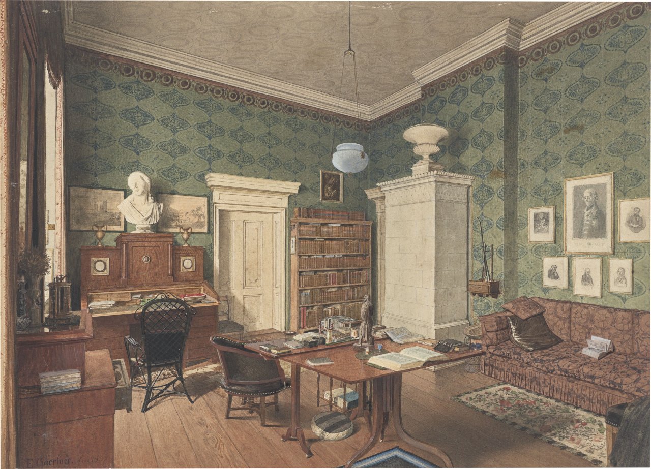 Auf diesem Bild ist das folgende Kunstwerk zu sehen: Eduard Gaertner. „Zimmer des Direktors im Joachimsthalschen Gymnasium“ (Berlin). 1857.
