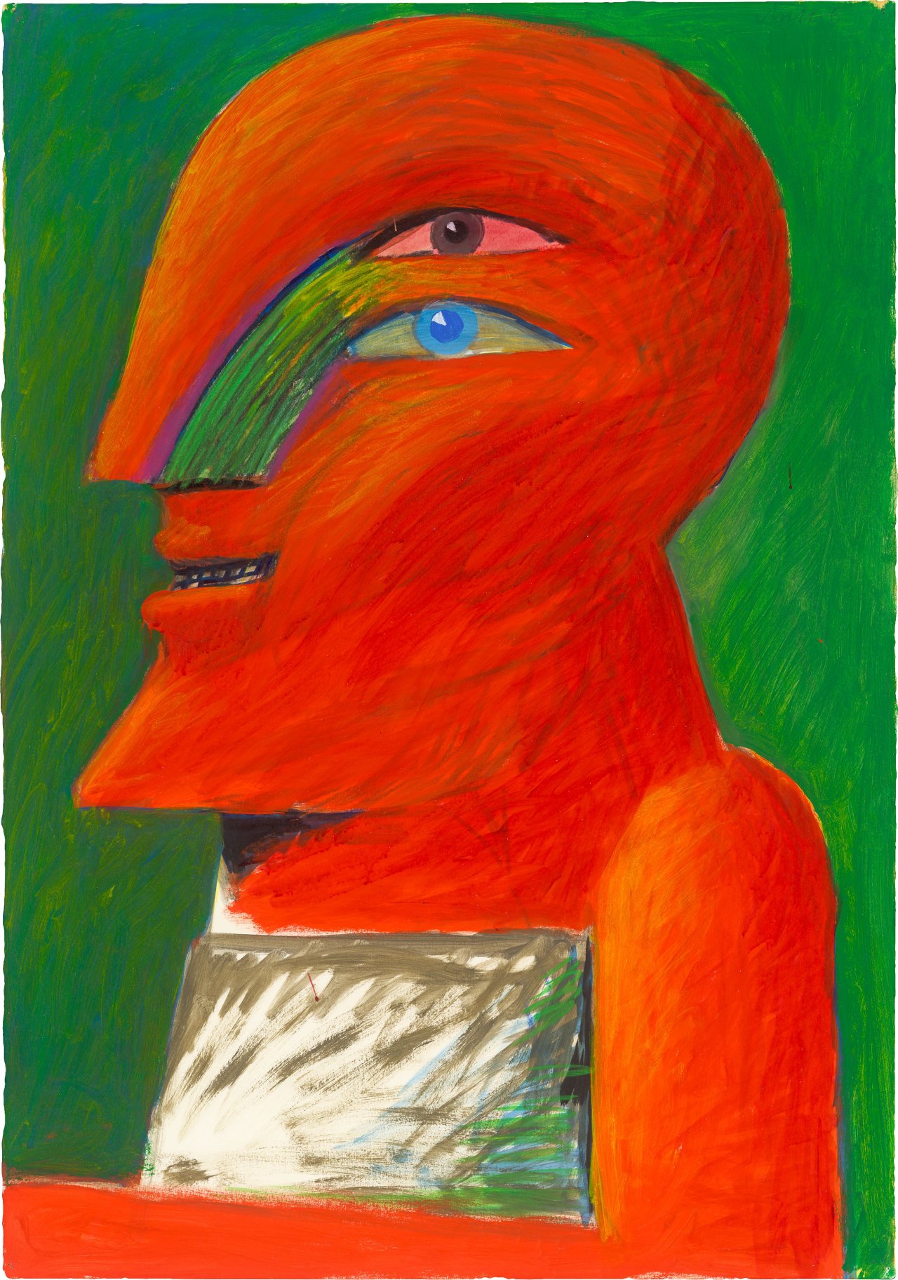 Auf diesem Bild ist das folgende Kunstwerk zu sehen: Horst Antes. Roter Kopf auf grünem Grund. 1972.