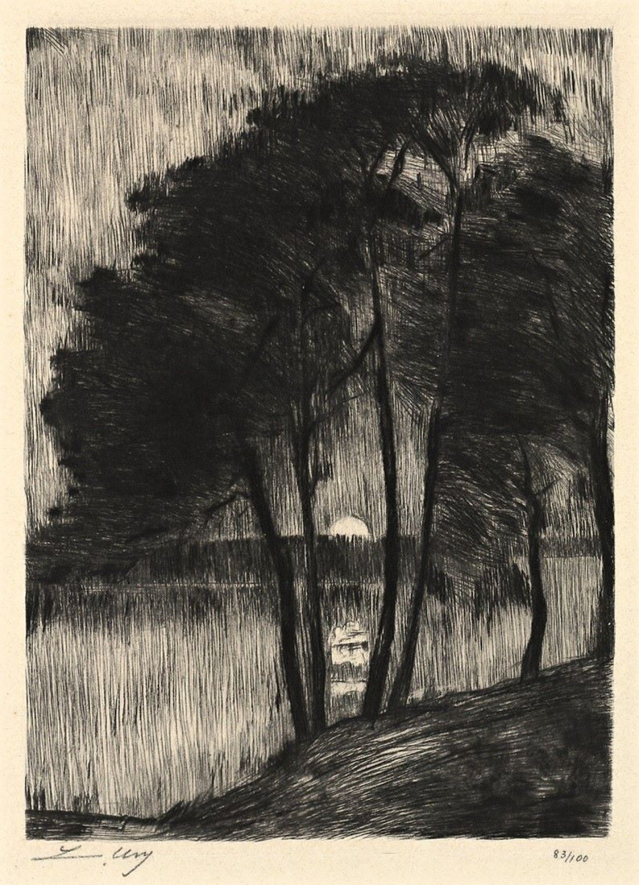 Auf diesem Bild ist das folgende Kunstwerk zu sehen: Lesser Ury. „Grunewaldsee bei Sonnenuntergang“. 1924.