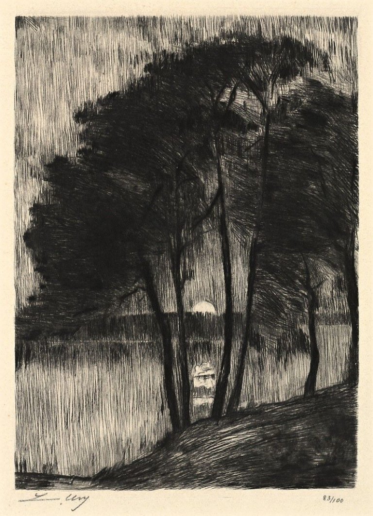 Auf diesem Bild ist das folgende Kunstwerk zu sehen: Lesser Ury. „Grunewaldsee bei Sonnenuntergang“. 1924.