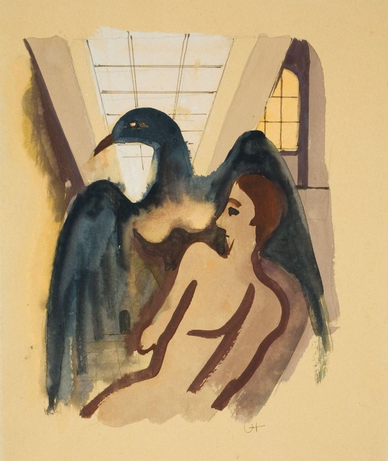 Auf diesem Bild ist das folgende Kunstwerk zu sehen: Karl Hofer. Jüngling mit Vogel. 1940er Jahre.