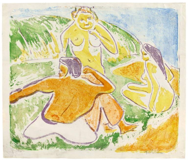 Auf diesem Bild ist das folgende Kunstwerk zu sehen: Ernst Ludwig Kirchner. „Picknick der Badenden“. 1909.