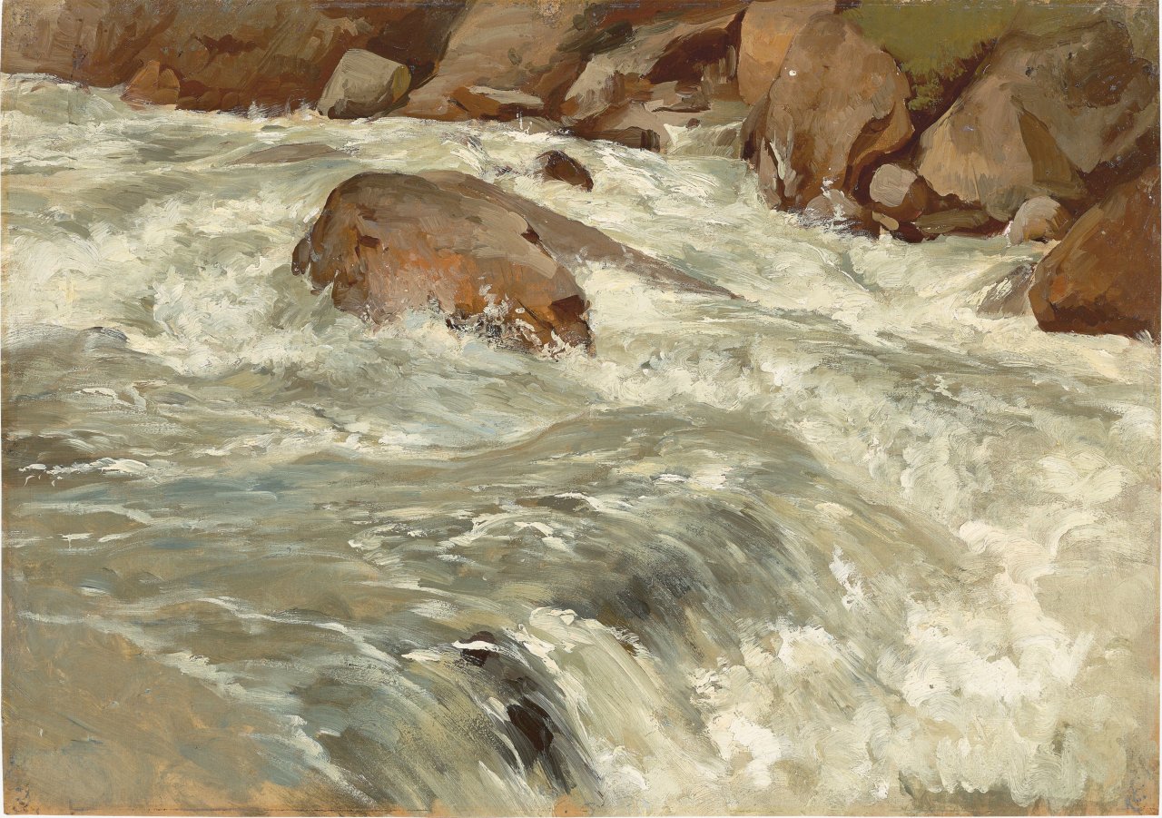 Auf diesem Bild ist das folgende Kunstwerk zu sehen: Friedrich Preller d. J.. Der Gebirgsbach Ache im Ötztal. 1901.