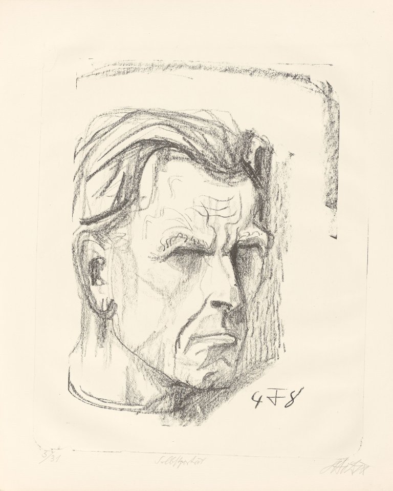 Auf diesem Bild ist das folgende Kunstwerk zu sehen: Otto Dix. „Selbstbildnis VII (nach rechts, Kragenlinie doppelt)“. 1948.