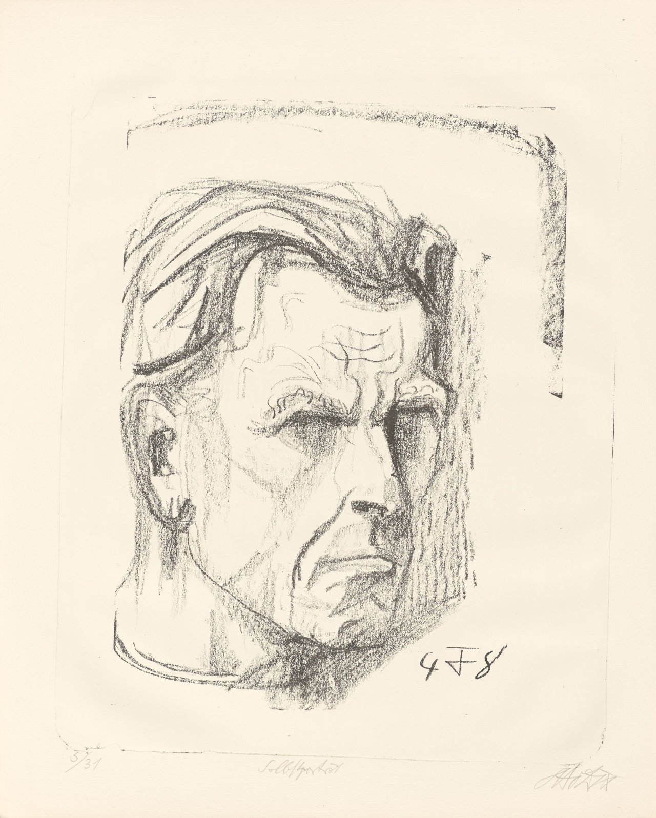 Auf diesem Bild ist das folgende Kunstwerk zu sehen: Otto Dix. „Selbstbildnis VII (nach rechts, Kragenlinie doppelt)“. 1948.