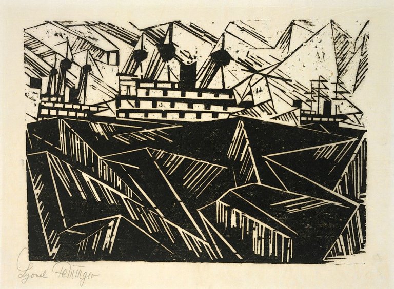 Auf diesem Bild ist das folgende Kunstwerk zu sehen: Lyonel Feininger. „Kriegsflotte, 1“. 1919.