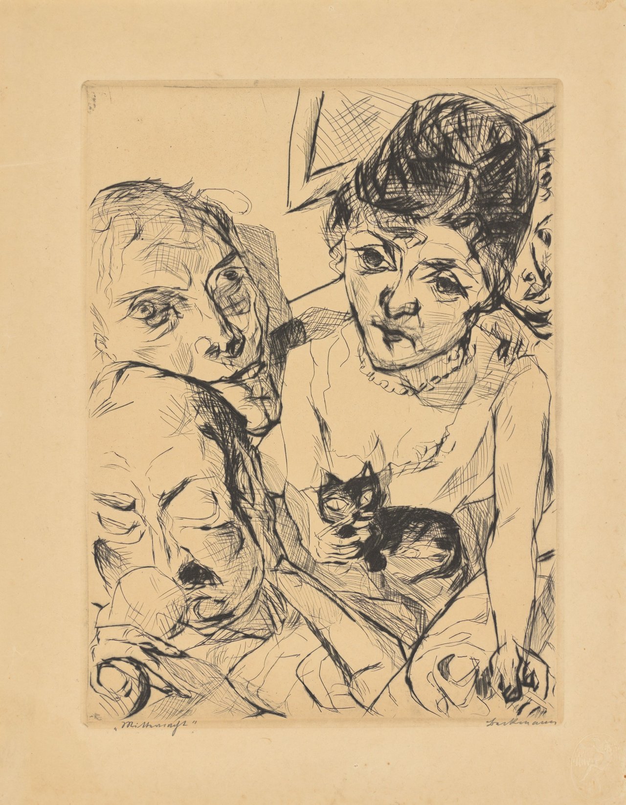 Auf diesem Bild ist das folgende Kunstwerk zu sehen: Max Beckmann. „Der Abend (Selbstbildnis mit Battenbergs / Mitternacht)“. 1916.