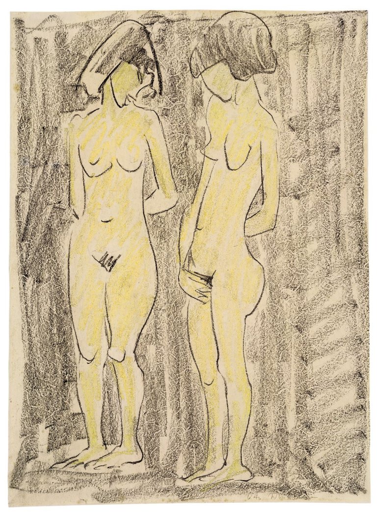 Auf diesem Bild ist das folgende Kunstwerk zu sehen: Otto Mueller. „Zwei stehende weibliche Akte“. Um 1923.