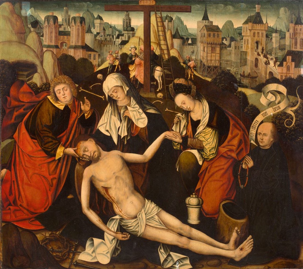 Auf diesem Bild ist das folgende Kunstwerk zu sehen:  Niederrheinischer oder westfälischer Meister. Beweinung Christi mit einem Stifter. Um 1490.
