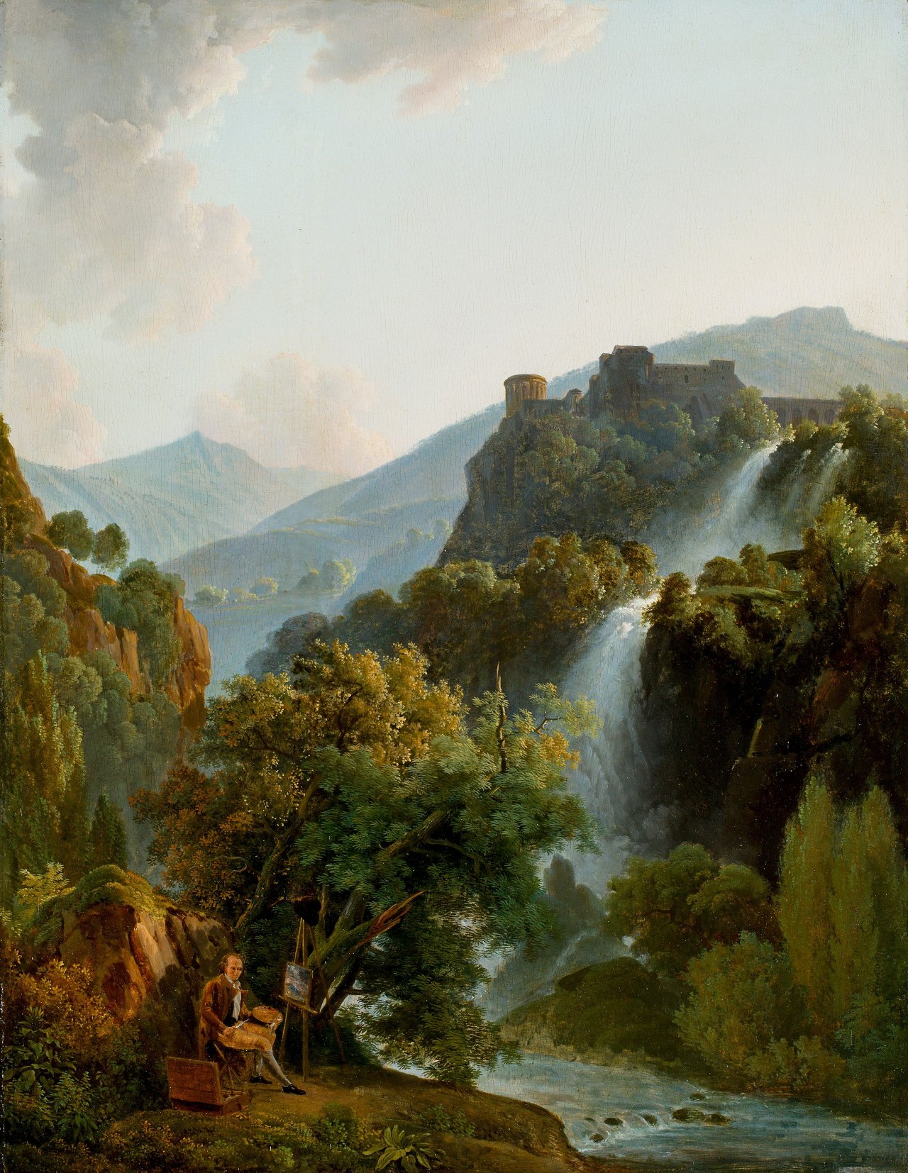 Auf diesem Bild ist das folgende Kunstwerk zu sehen:  Deutsch, um 1800. Ansicht von Tivoli mit einem Selbstporträt des Künstlers an der Staffelei.