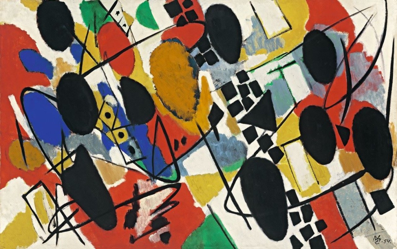 Auf diesem Bild ist das folgende Kunstwerk zu sehen: Ernst Wilhelm Nay. „Blätter und schwarze Punkte“. 1954.