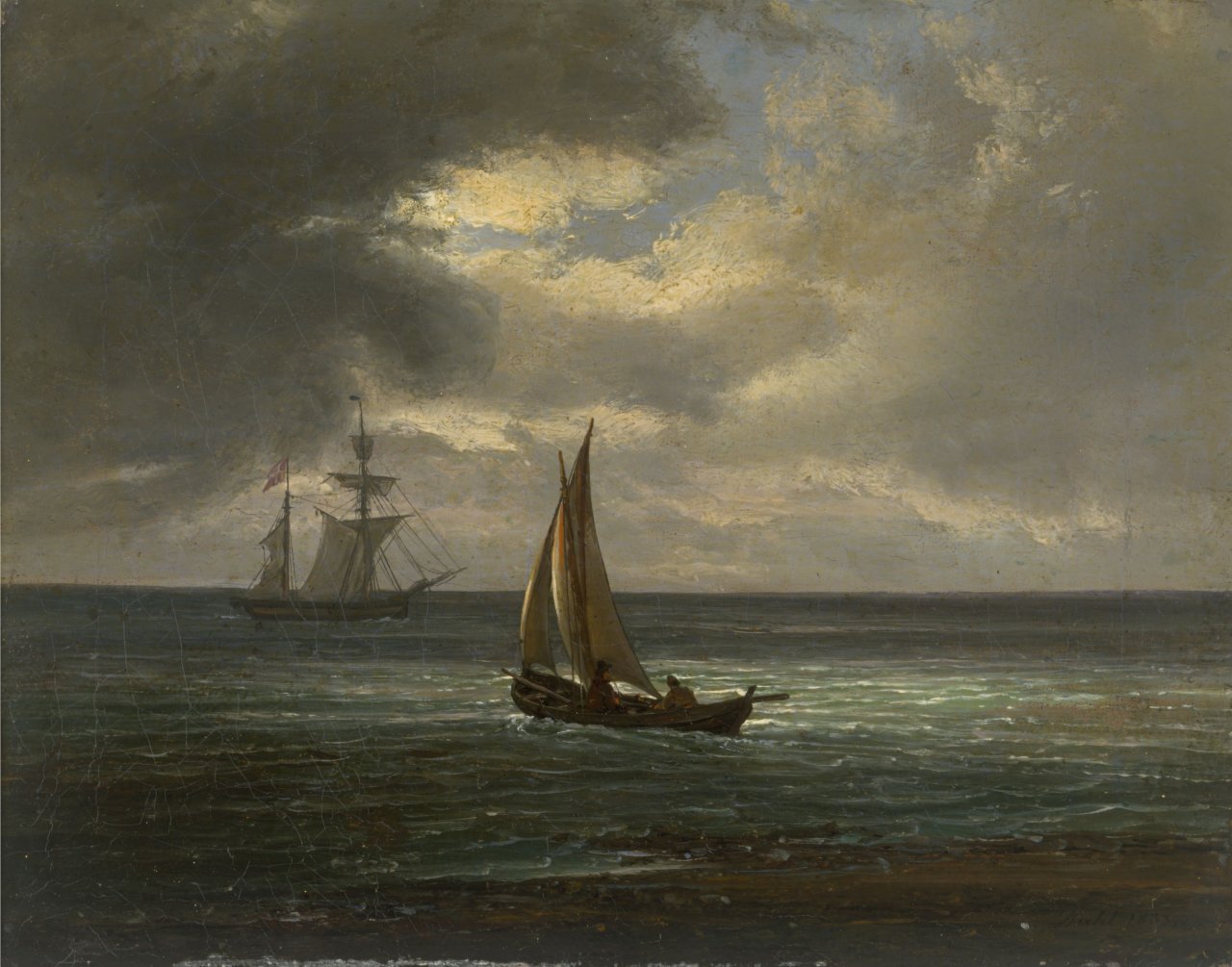 Auf diesem Bild ist das folgende Kunstwerk zu sehen: Johan Christian Clausen Dahl. „Marine bei Mondlicht („Seascape by Moonlight“). 1833.