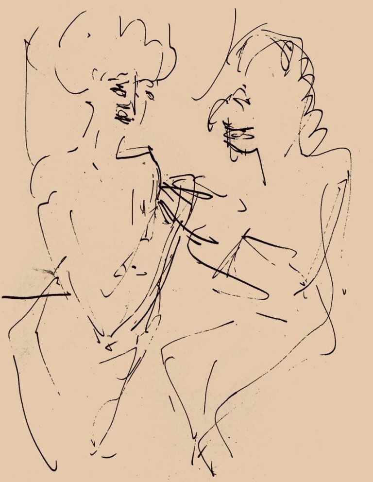 Auf diesem Bild ist das folgende Kunstwerk zu sehen: Ernst Ludwig Kirchner. Zwei Frauen im Gespräch. Um 1925.